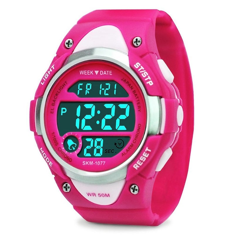 cofuo Girls Boys Digital Watch - Kids Sports Waterproof Outdoor Watches with Alarm Stopwatch Youth Children LED Electronic Wristwatch - Rose Red - Image 1